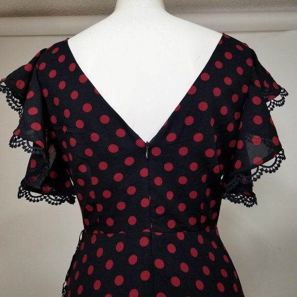 BB Dakota Dress 4 Navy Blue Red Polka Dot Lace V Pin Up Gothic Punk Alt Cosplay - Picture 7 of 9